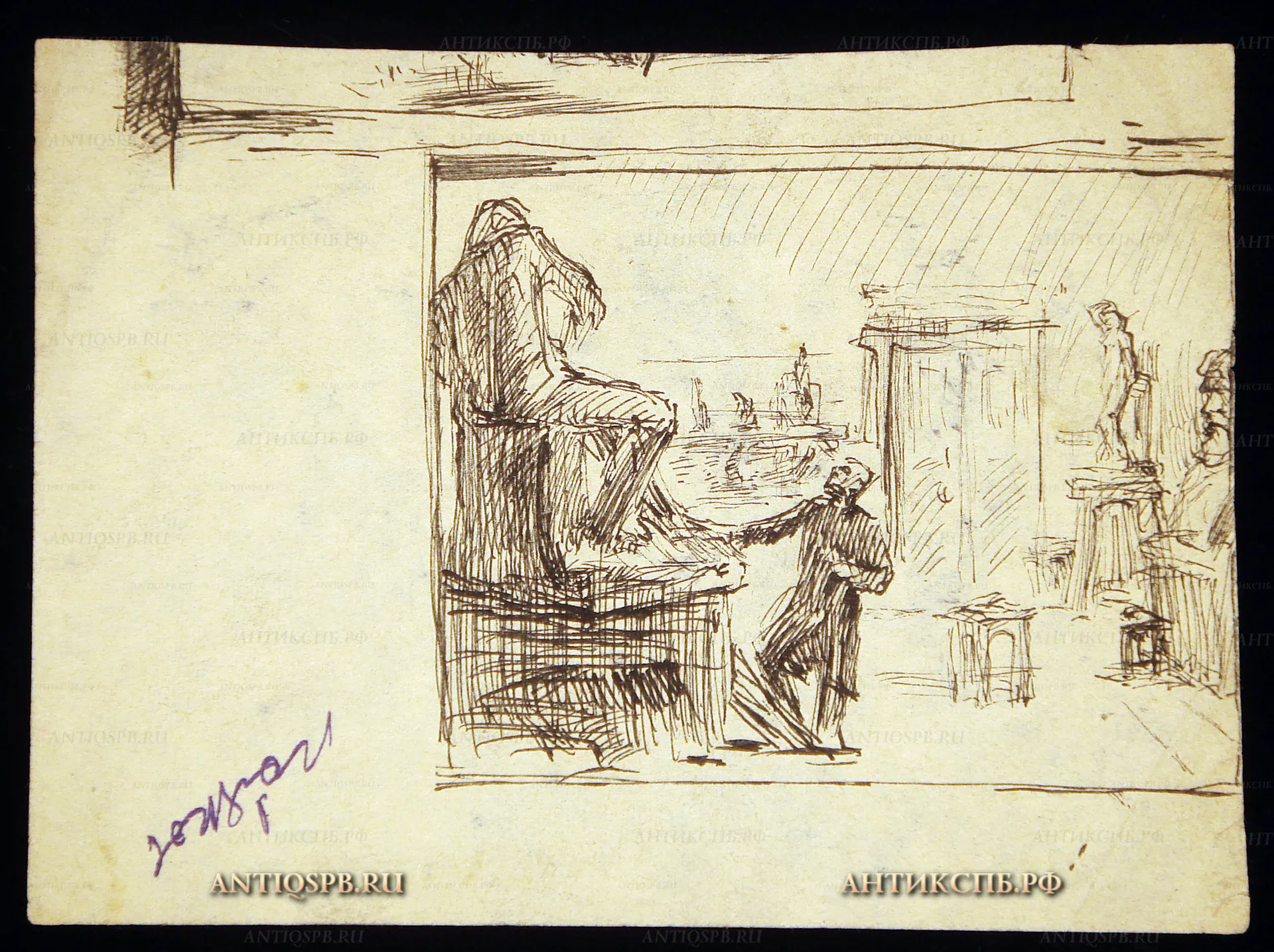 Рисунок "В мастерской скульптора". Бумага, тушь, перо. Автор: Поляков Александр Иванович (1921-1998). Вт. пол. ХХ века. СССР. №1П 
